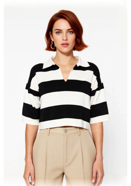 Modern Kadın Siyah Çizgili Crop Triko Polo Yaka Düşük Kol Basic Ilkbahar Sonbahar Şıklığı Kaliteli fiyatları
