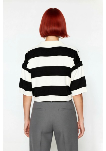 Modern Kadın Siyah Çizgili Crop Triko Polo Yaka Düşük Kol Basic Ilkbahar Sonbahar Şıklığı Kaliteli modelleri