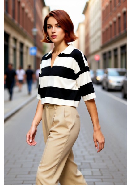 Modern Kadın Siyah Çizgili Crop Triko Polo Yaka Düşük Kol Basic Ilkbahar Sonbahar Şıklığı Kaliteli fırsatları
