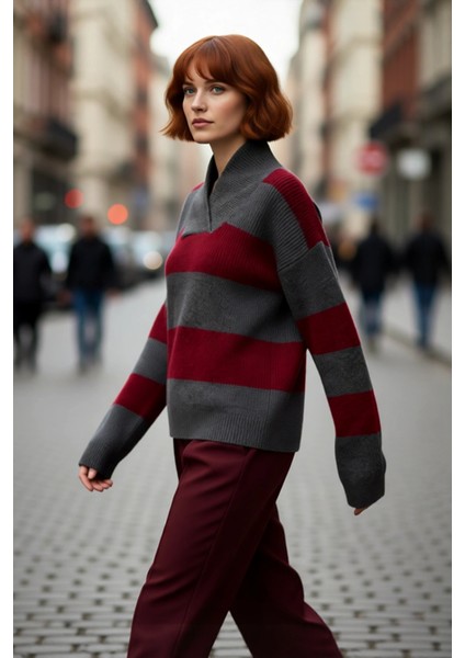 Kadın Soğuk Havalar Için Oversize Düşük Kol V Yaka Çizgili Triko Kazak Trend Tasarım Kaliteli fırsatları