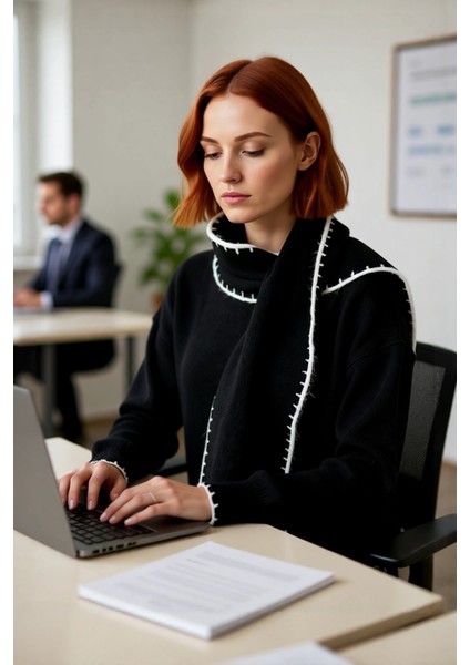 Kadın Dik Yaka Oversize Triko Kazak Şal Detayları Ile Kış Kombinlerinize Elegans Katın Kaliteli