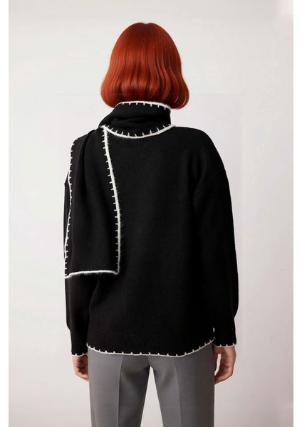 Kadın Dik Yaka Oversize Triko Kazak Şal Detayları Ile Kış Kombinlerinize Elegans Katın Kaliteli modelleri