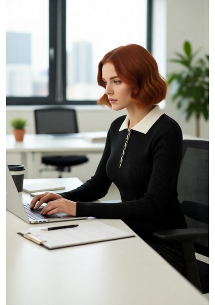 Kadın Fitted Siyah Triko Kazak Polo Yaka Detaylı Uzun Kollu Fitilli Dokuma Kışlık Konfor Kaliteli