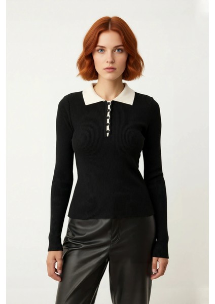 Kadın Fitted Siyah Triko Kazak Polo Yaka Detaylı Uzun Kollu Fitilli Dokuma Kışlık Konfor Kaliteli fiyatları