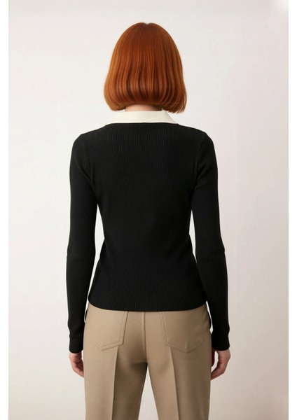 Kadın Fitted Siyah Triko Kazak Polo Yaka Detaylı Uzun Kollu Fitilli Dokuma Kışlık Konfor Kaliteli modelleri