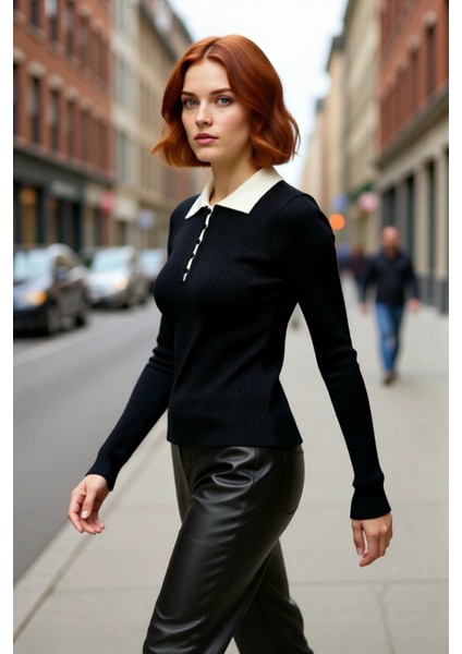 Kadın Fitted Siyah Triko Kazak Polo Yaka Detaylı Uzun Kollu Fitilli Dokuma Kışlık Konfor Kaliteli fırsatları