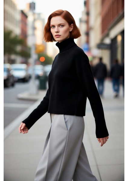 Kadın Crop Boy Oversize Triko Kazak Dik Yaka Standart Kol Düz Desen Yumuşak Dokulu Kış Gardırobu fırsatları