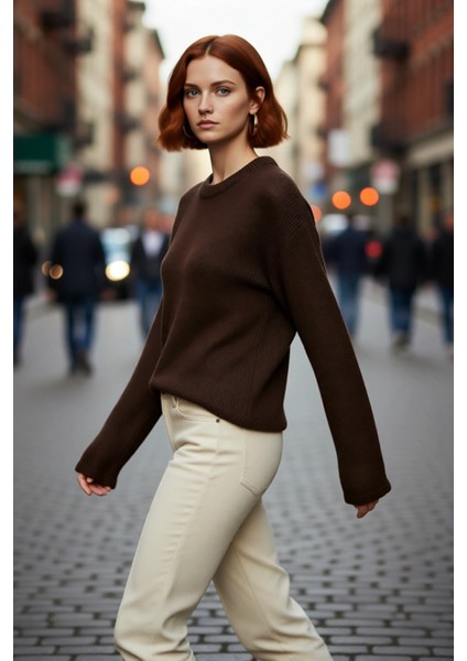 Kadın Oversize Akrilik Triko Kazak Geniş Ispanyol Kol Detaylı Bisiklet Yaka Günlük Konfor Kaliteli fırsatları