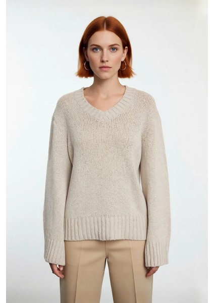 Kadın Rahat Oversize V Yaka Triko Kazak Pamuk Polyester Karışımı Uzun Kollu Kışlık Günlük Şıklık fiyatları