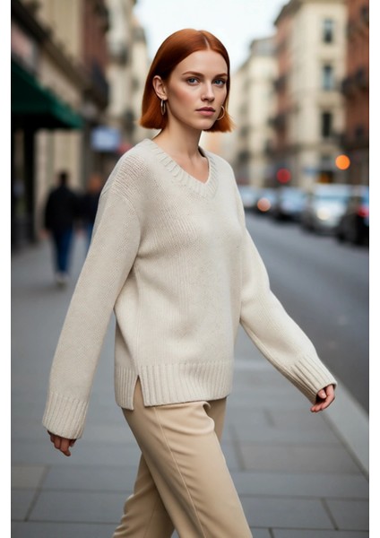 Kadın Rahat Oversize V Yaka Triko Kazak Pamuk Polyester Karışımı Uzun Kollu Kışlık Günlük Şıklık fırsatları