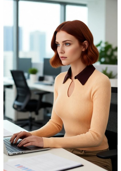 Kadın Fitted Ince Polo Yaka Triko Body Kazak Fitilli Dokuma Basic Siluet ile Günlük Şıklık