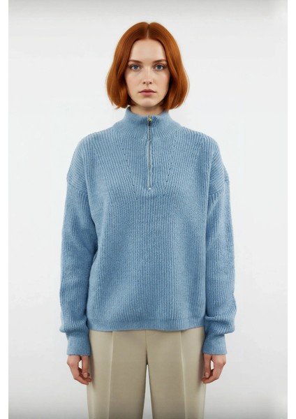 Kadın Oversize Basic Dokulu Uzun Kollu Fermuarlı Dik Yaka Selanik Örgü Triko Kazak Kaliteli