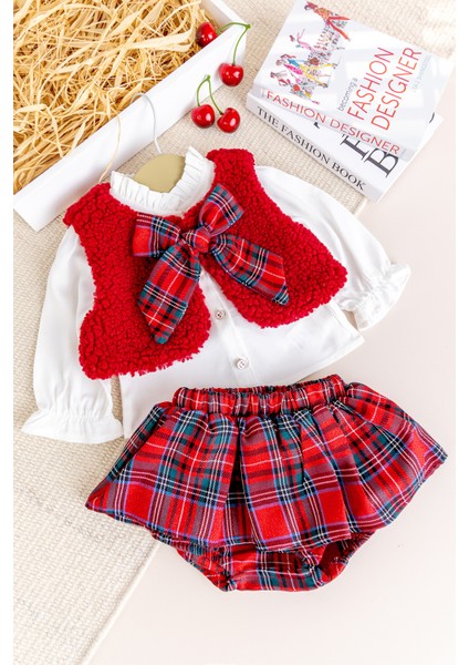 Yelekli Gömlekli 3 Lü Şık Özel Gün Kız Bebek Takım Set Kırmızı