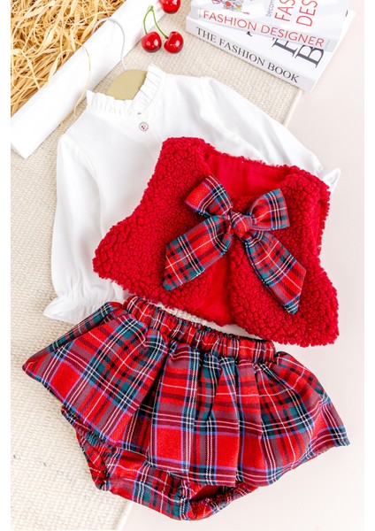 Yelekli Gömlekli 3 Lü Şık Özel Gün Kız Bebek Takım Set Kırmızı fiyatları