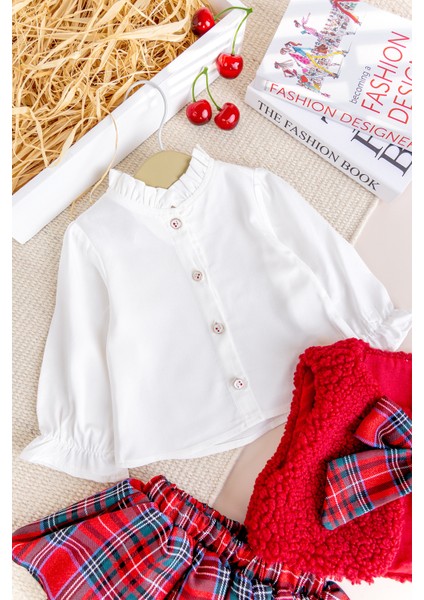 Yelekli Gömlekli 3 Lü Şık Özel Gün Kız Bebek Takım Set Kırmızı modelleri