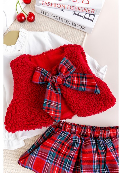 Yelekli Gömlekli 3 Lü Şık Özel Gün Kız Bebek Takım Set Kırmızı indirimleri