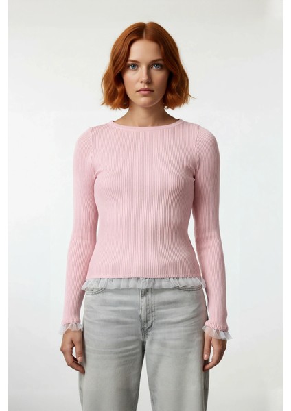 Kadın Modern Pembe Bisiklet Yaka Uzun Kollu Fitted Triko Tül Detaylı Sonbahar Kazak Kaliteli fiyatları