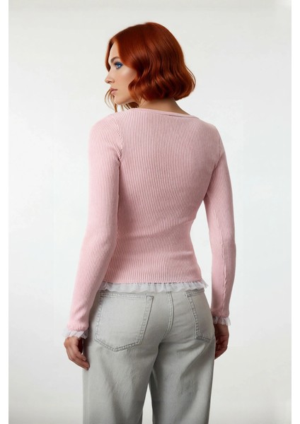 Kadın Modern Pembe Bisiklet Yaka Uzun Kollu Fitted Triko Tül Detaylı Sonbahar Kazak Kaliteli modelleri