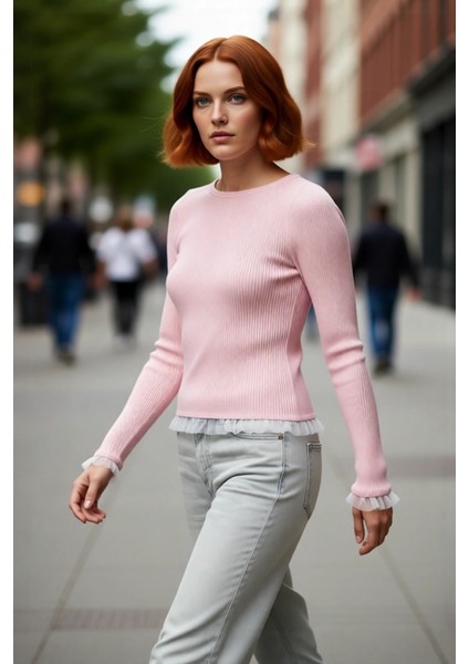 Kadın Modern Pembe Bisiklet Yaka Uzun Kollu Fitted Triko Tül Detaylı Sonbahar Kazak Kaliteli fırsatları