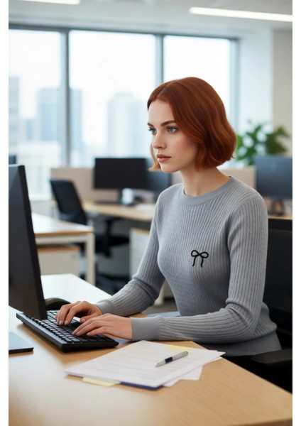 Kadın Regular Fit Bisiklet Yaka Saç Örgü Dokulu Nakış Detaylı Triko Kazak Günlük Şık Giyim