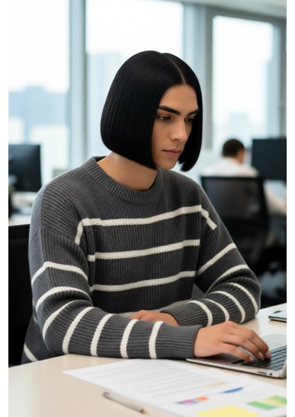 Casual Erkek Kalın Triko Dokulu Bisiklet Yaka Çizgili Oversize Selanik Kışlık Kazak Modeli