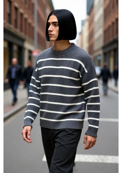 Casual Erkek Kalın Triko Dokulu Bisiklet Yaka Çizgili Oversize Selanik Kışlık Kazak Modeli fırsatları