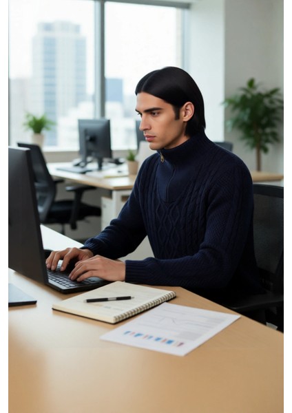 Erkek Casual Uzun Kollu Saç Örgü Desenli Fermuarlı Dik Yaka Regular Kalıp Triko Kazak Kaliteli