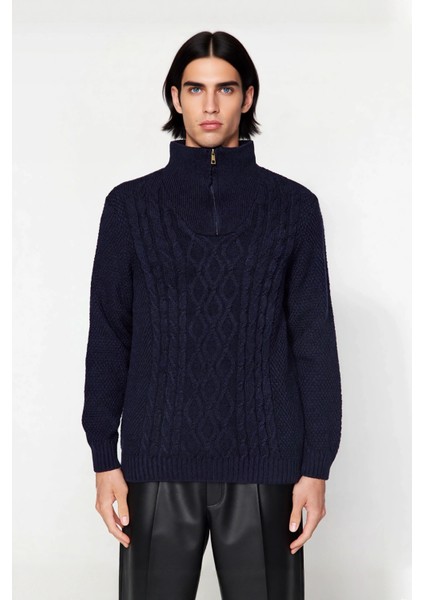 Erkek Casual Uzun Kollu Saç Örgü Desenli Fermuarlı Dik Yaka Regular Kalıp Triko Kazak Kaliteli fiyatları