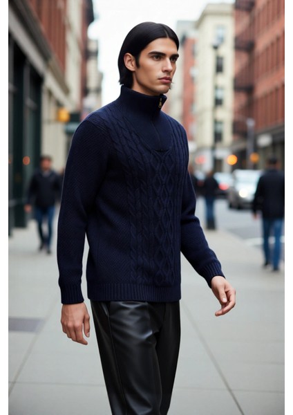 Erkek Casual Uzun Kollu Saç Örgü Desenli Fermuarlı Dik Yaka Regular Kalıp Triko Kazak Kaliteli fırsatları