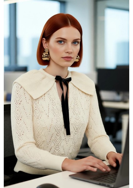 Kadın Triko Ajurlu Inci Detaylı Fular Yaka Kazak Regular Kalıp Uzun Kol Günlük ve Konforlu Giyim