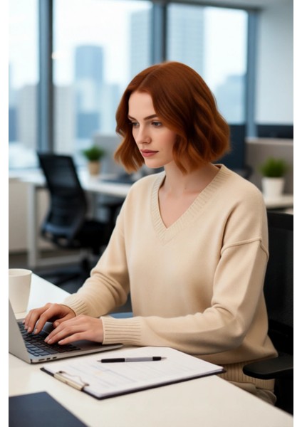 Şık Kadın Oversize V Yaka Düz Desen Triko Kazak Düşük Kollu Uzun Boy Kahverengi Kış Kombinleri