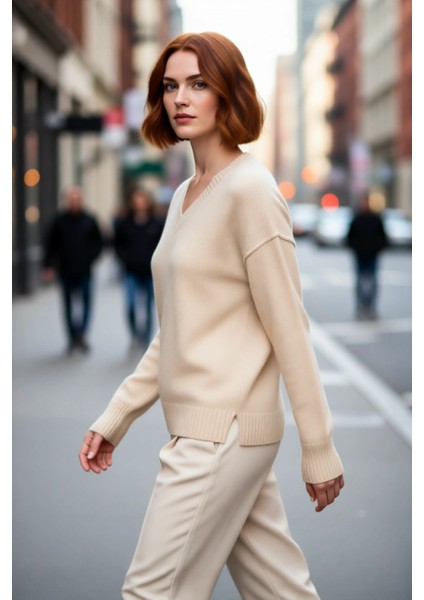 Şık Kadın Oversize V Yaka Düz Desen Triko Kazak Düşük Kollu Uzun Boy Kahverengi Kış Kombinleri fırsatları