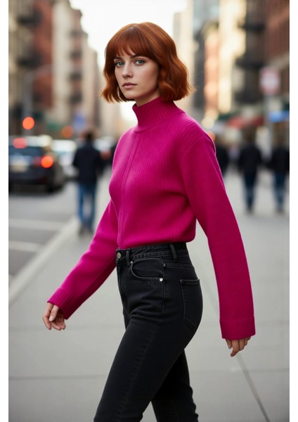 Kadın Basic Akrilik Triko Kazak Regular Kalıp Dik Yaka Crop Boy Balon Kol Soğuk Havalar Için Rahat fırsatları