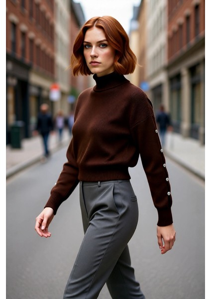 Kadınlar Için Konforlu Gri Triko Kazak Düşük Kol ve Dik Yaka Tasarımı Düğmeli Kışlık Regular Kalıp fırsatları