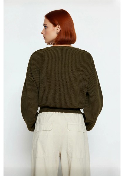 Kadın Gri %100 Akrilik Oversize Selanik Dokuma Bisiklet Yaka Ispanyol Kol Crop Triko Kazak fiyatları