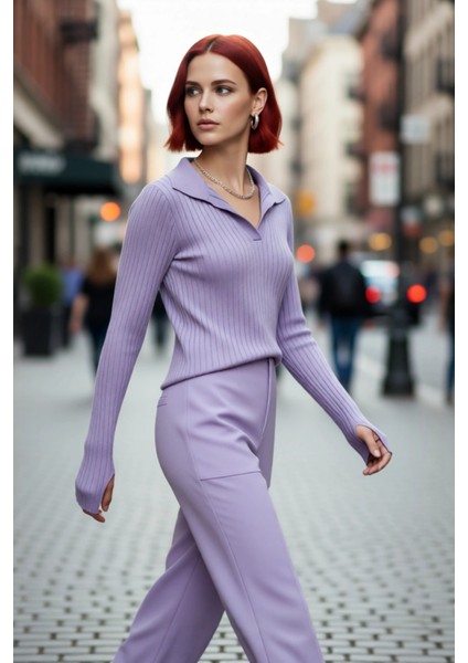 Kadınlara Özel Basic Regular Kesim Polo Yaka Fitilli Triko Kazak Modern ve Konforlu Stil Kaliteli modelleri