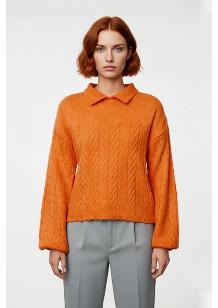 Kadın Kışlık Regular Kalıp Akrilik Triko Kazak Polo Yaka Saç Örgü Desenli Konforlu Uzun Kol