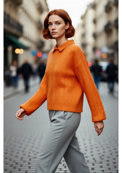 Kadın Kışlık Regular Kalıp Akrilik Triko Kazak Polo Yaka Saç Örgü Desenli Konforlu Uzun Kol modelleri