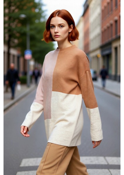 Kadın Casual Ortamlar Için Dik Yaka Renk Bloklu Standart Kol Triko Kazak Kış Şıklığı Kaliteli fırsatları