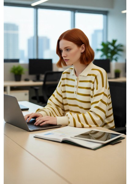 Kadın Çizgili Polo Yaka Düşük Kol Relaxed Fit Kışlık Triko Kazak Günlük Şıklık Sunar Kaliteli