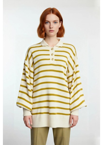 Kadın Çizgili Polo Yaka Düşük Kol Relaxed Fit Kışlık Triko Kazak Günlük Şıklık Sunar Kaliteli fiyatları