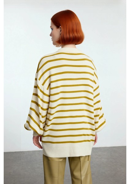 Kadın Çizgili Polo Yaka Düşük Kol Relaxed Fit Kışlık Triko Kazak Günlük Şıklık Sunar Kaliteli modelleri