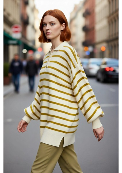 Kadın Çizgili Polo Yaka Düşük Kol Relaxed Fit Kışlık Triko Kazak Günlük Şıklık Sunar Kaliteli fırsatları