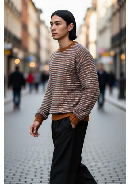 Erkek Basic Regular Fit Bisiklet Yaka Çizgili Kışlık Triko Kazak Konforlu ve Şık Görünüm Sağlar fırsatları