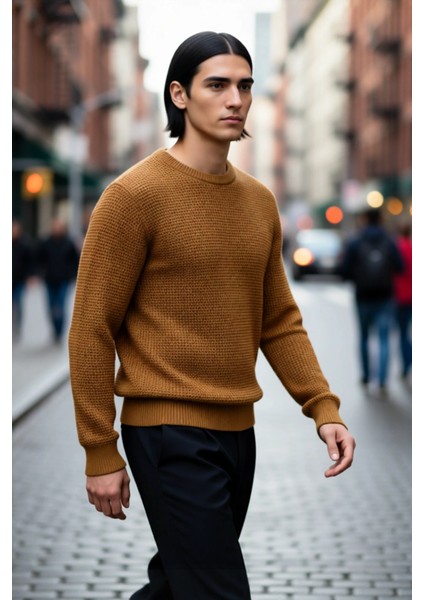 Erkek Regular Kesim Bisiklet Yaka Dokulu Triko Kazak Soğuk Havalarda Konforlu Stil Kaliteli fırsatları