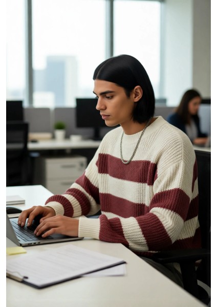 Erkek Günlük Kullanım Için Şık Çizgili Bisiklet Yaka Akrilik Uzun Kollu Oversize Triko Kazak