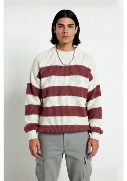 Erkek Günlük Kullanım Için Şık Çizgili Bisiklet Yaka Akrilik Uzun Kollu Oversize Triko Kazak fiyatları