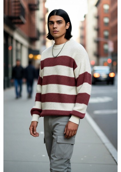 Erkek Günlük Kullanım Için Şık Çizgili Bisiklet Yaka Akrilik Uzun Kollu Oversize Triko Kazak fırsatları
