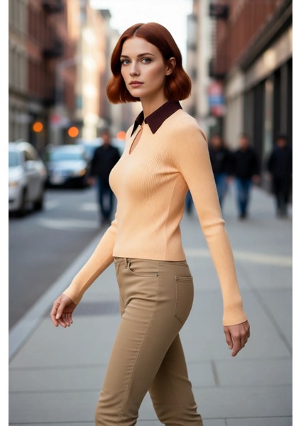 Kadın Fitted Ince Polo Yaka Triko Body Kazak Fitilli Dokuma Basic Siluet ile Günlük Şıklık fırsatları