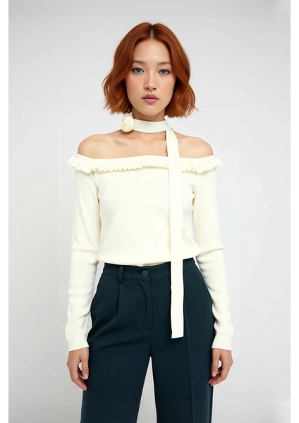 Kadınlar Için Modern Fitted Akrilik Triko Uzun Kollu Carmen Yaka Bluz Güllü Atkı Kombinasyonu fiyatları